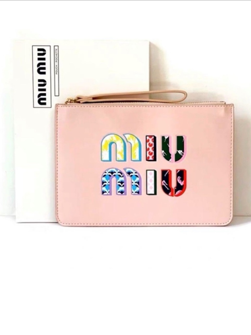 Miu Miu Pink Logo Appliqué Wristlet Clutch